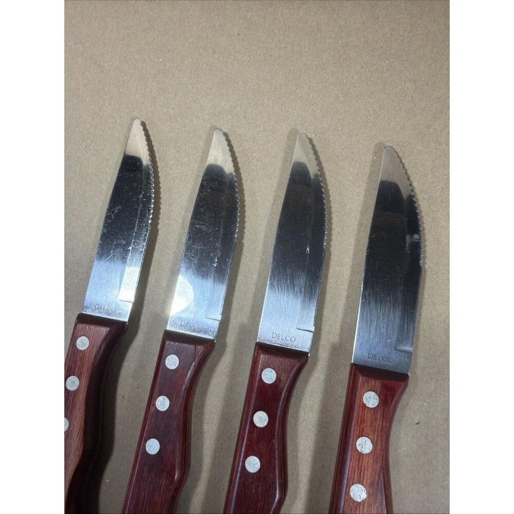 Delco Steak Knives Wooden Handle Serrated Knife - Set of 4 - 9.75